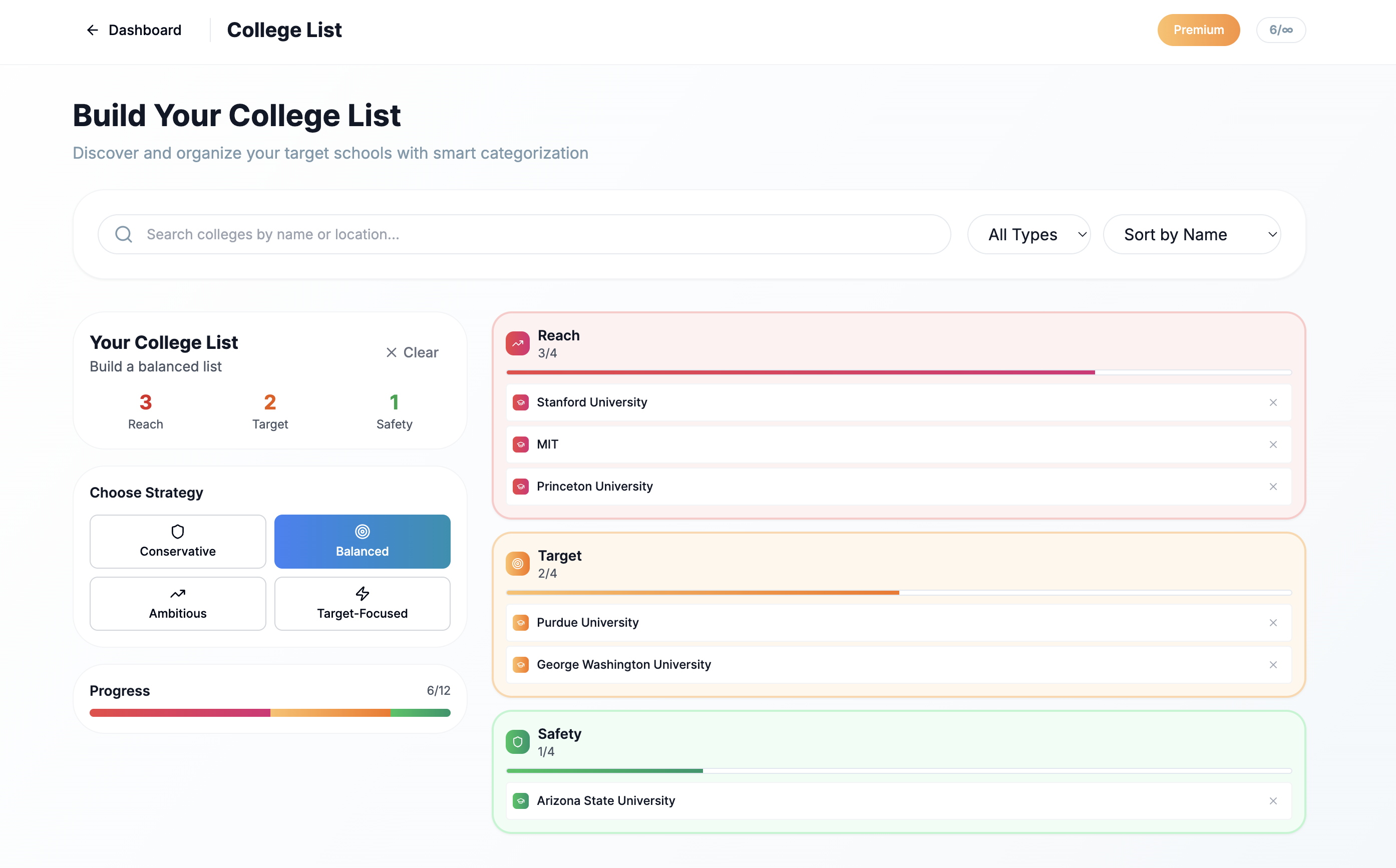 College list builder interface showing search and comparison tools
